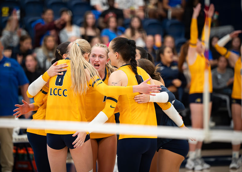 Photo of LCCC Volleyball players huddling after a play in the newly renovated gym at LCCC