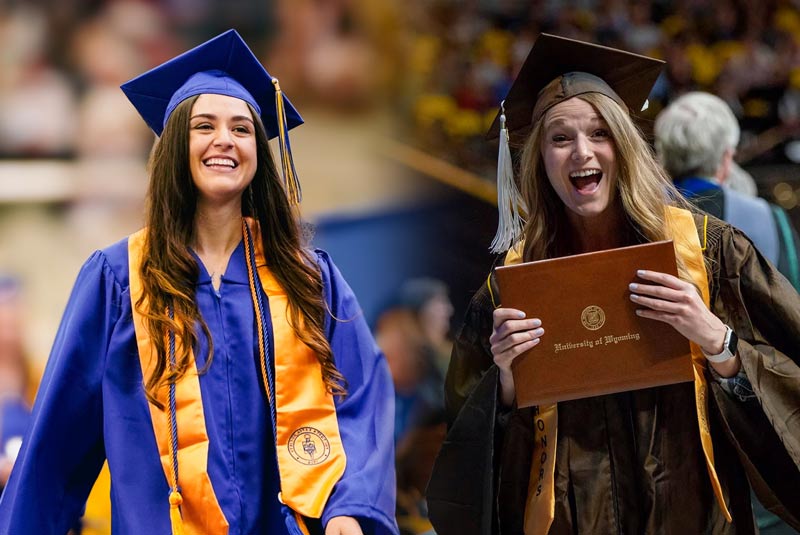 A blended photo with an LCCC grad and a UW grad, both in caps and gowns