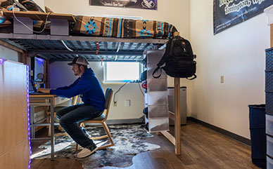 photo of a student in a dorm room sitting under a lofted bed at a desk