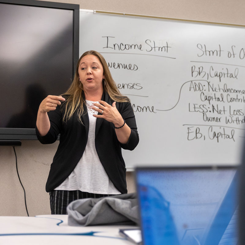 photo of female faculty member speaking to class in from of a white board with investing terms on it. Can see a student's computer in the right foreground.