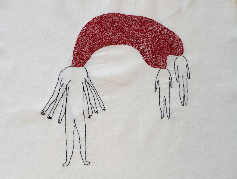 artwork by Elnaz Javani that is sewn with body figures and a red shape combining them