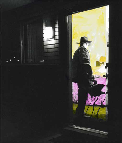 Artwork by Laura Phelps Rodgers - Hand colored silver gelatin photograph from a New Look at the American West (A man standing in the doorway of a house)