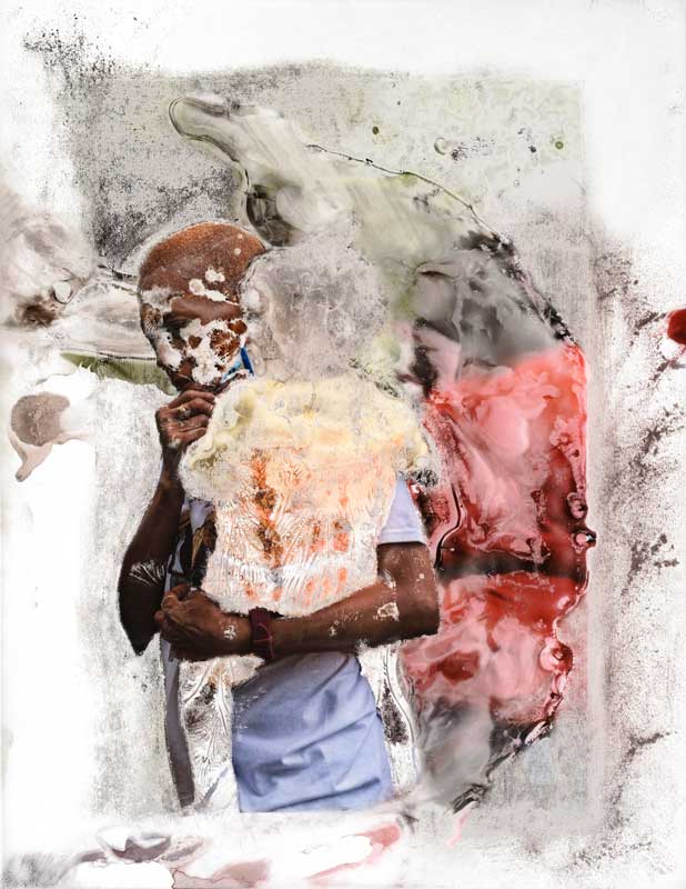 abstract artwork of a figure carrying a child by Justin Carney