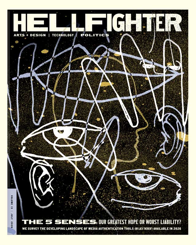 Hellfighter magazine cover with Arts & Design | Technology | Politics, The 5 senses: Our greatest hope or worst liability? We survey the developing landscapre of media authentication tools (or lack there of) available in 2026
