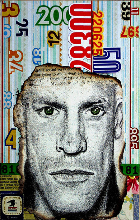 Artwork by Len Davis with a man's face and numbers collaged with geometic elements