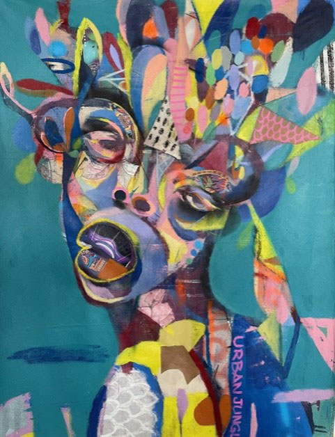 artwork by Michael Gadlin for Urban Jungle exhibit with a contemporary style of face with lots of different shapes, textures and colors.