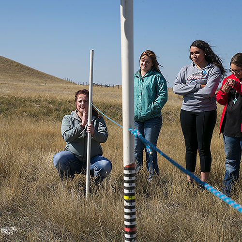 students taking measurements in the field