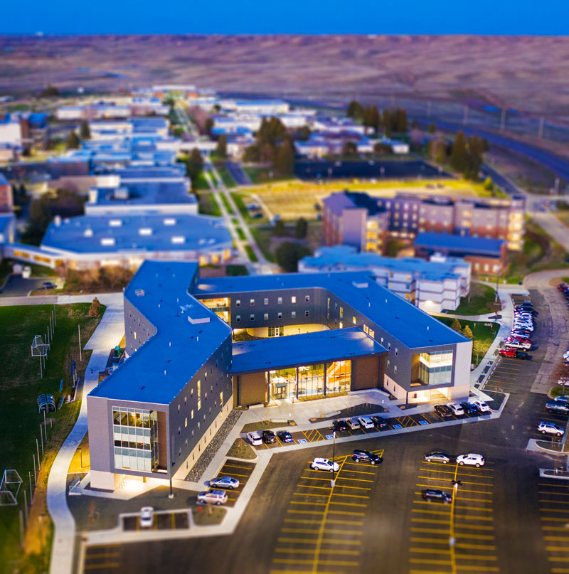 drone view of the LCCC residence halls at dawn