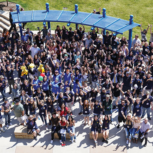 an overhead photo of the group of new students at The Kickoff event