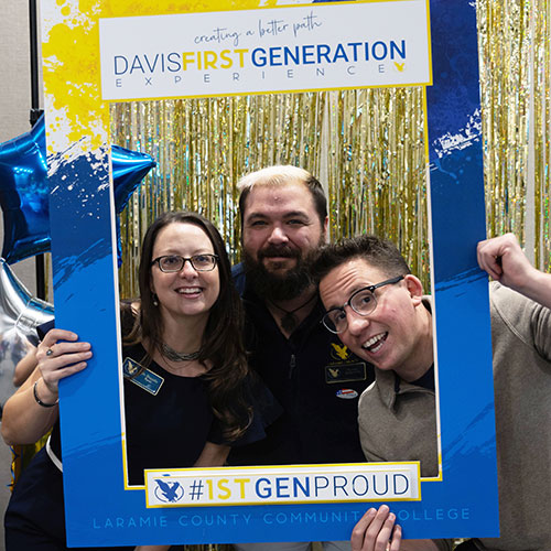 People posing in a first generation college student frame