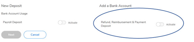screenshot of add a bank account and activate refund, reimbursement and payment deposit