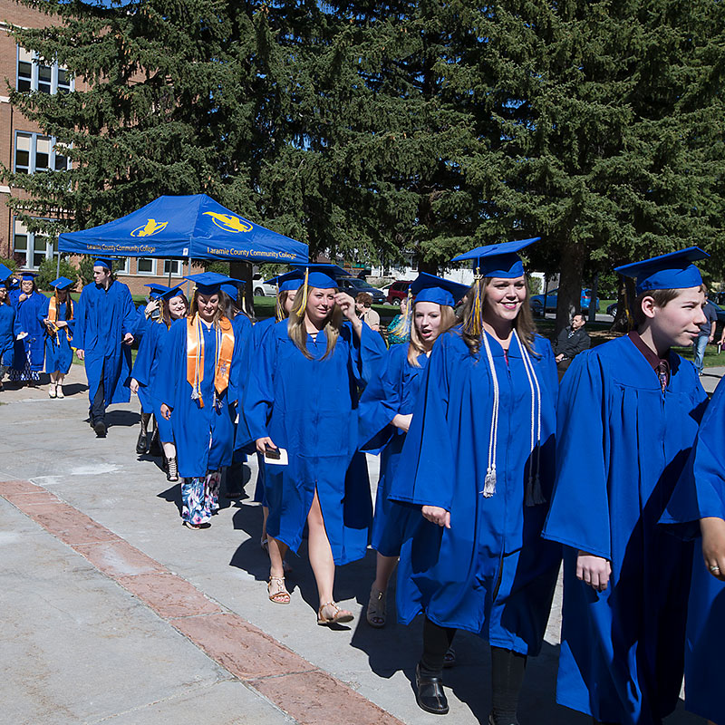 a line of students at graduation in caps and gowns