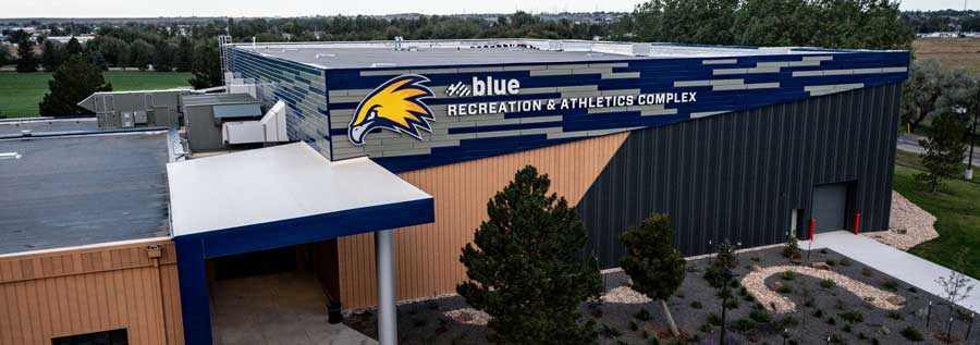 A drone view of the Recreation and Athletic Complex entrance on campus