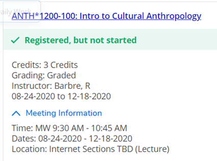 example of how a course looks in self service for online on a schedule: Internet Sections 