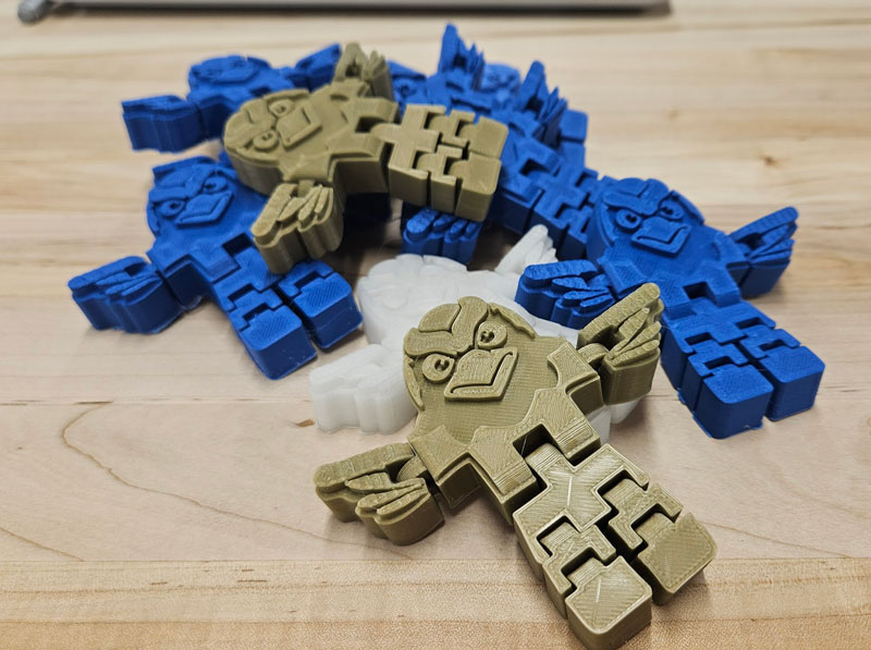 3D printed LCCC mascots with moveable legs