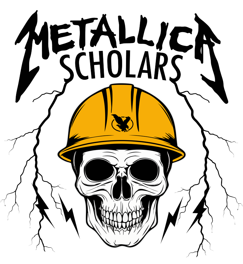 Metallica Scholars graphic with a skull in a hard hat with the LCCC logo on it. There are lightning bolts around it.